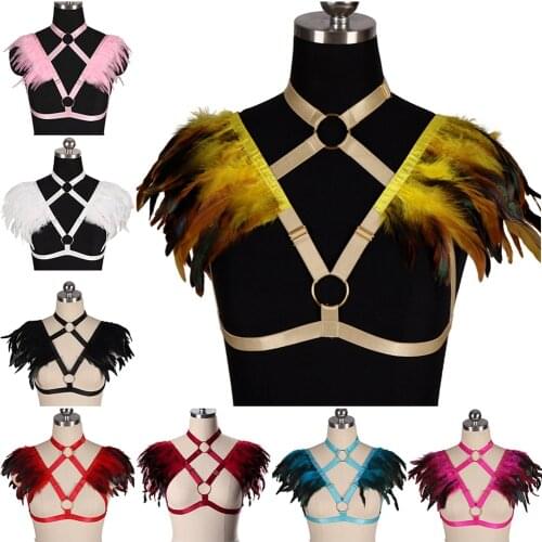 Punk Sexy Lingerie Harness Belt Hollow Cage Bra Feathers Halloween Rave Costume Accessories Elastic Bondage Suspender Belt