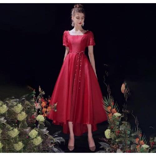 Square Collar Elegant Evening Dress Pearls Backless Short Sleeves A-Line Simple New Tea-Length Woman Formal Party Gowns A1368