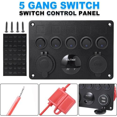 1pc 5 Gang Waterproof Digital Voltmeter Dual USB Port 12V Outlet Combination Car Marine LED Rocker Switch Panel Accessories