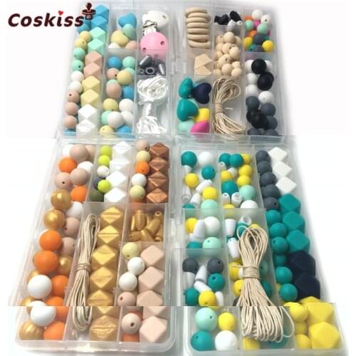 4 Boxes Baby Teether Toys Silicone Teething Pacifier Clip Kit Geometric Hexagon Silicone Teething Beads DIY Nursing Necklack