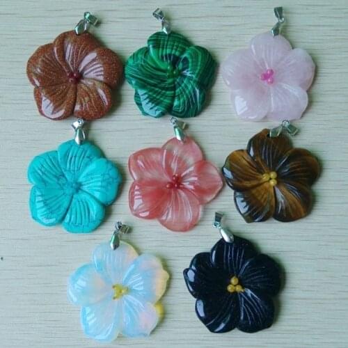 Fashion Mixed Assorted Carved good quality natural stone charm flower shape pendants to make jewelry 8pieces free shipping