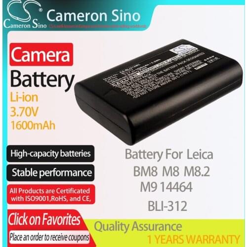 CameronSino Battery for Leica BM8 M8 M8.2 M9 14464 fits Leica BLI-312 camera battery 1600mAh 3.70V Li-ion Black