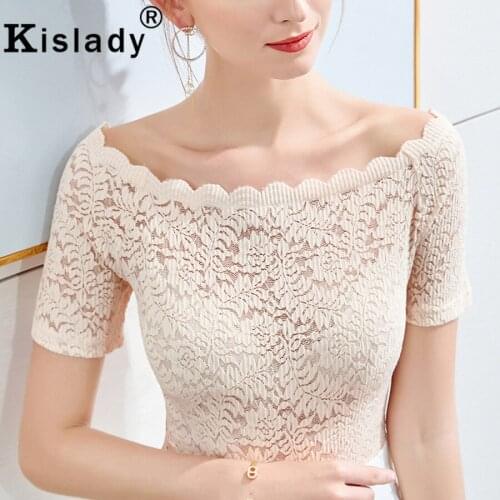 Kislady Vintage Lace Women Shirts Hollow Out Sexy Slash Neck Temperament T-Shirt Spring Summer Harajuku Fashion Korean Clothes