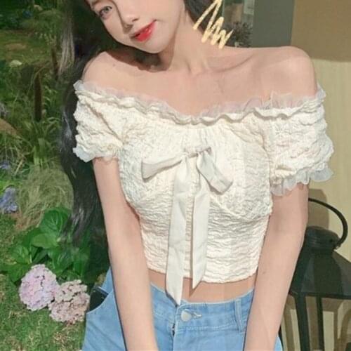 Korean Solid Kawaii Sweet Blouse Tops Women Summer 2021 Japanese Causal Cute Blouse Shirt Off The Should Party Sexy Blouse Tops