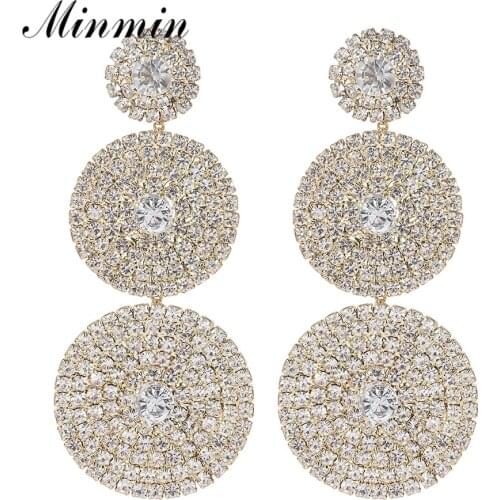 Minmin Statement Rhinestone Round Long Drop Earrings for Women Luxury Wedding Bridal Dangle Earrings Women Party Jewelry MEH1730