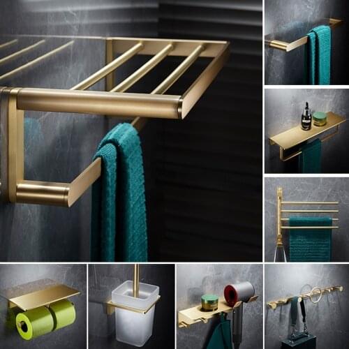 Bathroom Accessory Set Brass Brushed Gold Shelf Tissue Roll Rack Clother Hook Towel Rack/Bar Toilet Brush Holder Bath Hardware