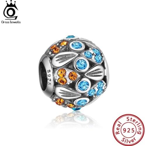 ORSA JEWELS Real 925 Sterling Silver Orange Blue Colors Zircon Round Charm Fit Original Bracelet for Women Fine Jewelry CB50