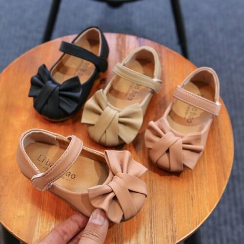 2021 Autumn Girls Bow Leather Shoes 21-30 Children Simple Style Black Round Toe Flats Kids Beige Anti-Slippery Party Dress Shoes