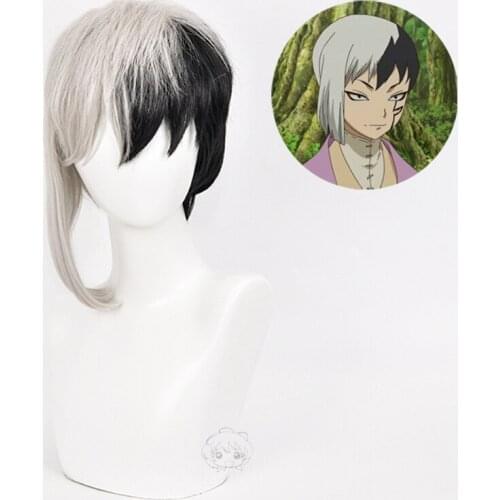 New Arrival Anime Dr.Stone Cosplay Asagiri Gen Black White Costume Wig Heat Resistance Fiber Mens Synthetic Hair + Wig Cap