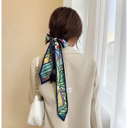 Japanese spring and summer new sharp-angled imitation silk small silk scarf womens long streamer hairband decorative scarf
