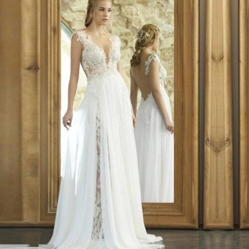 Chiffon A-Line Sexy Wedding Dresses Lace Appliques Floor Length Backless Bridal Gown Sleeveless Vestido de Noiva Custom Made