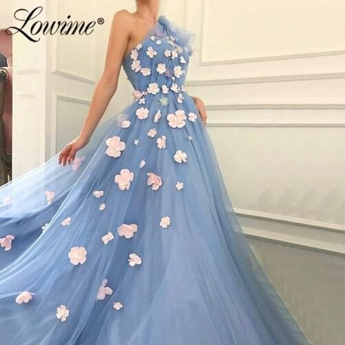 Blue One Shoulder Party Dress With Handmade Flowers Long Prom Dresses Vestidos Formales Customized Dubai Arabic Evening Gowns