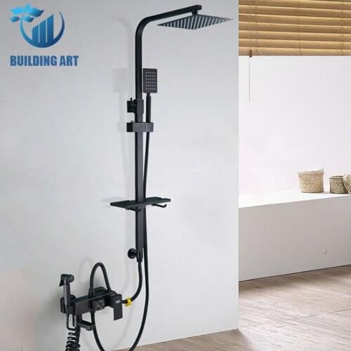 Black 304 Stainless Steel Rain Shower Faucet Set Bath Faucet Hot Cold Mixer Crane Height Adjusted Freely With Bidet Faucet