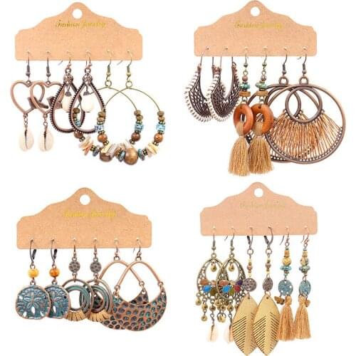 Vintage Big Round Circle Hollow Water Drop Indian Earrings Set Bird Wood Beads Brown Fringe Tassel Earrings For Women Girls Boho