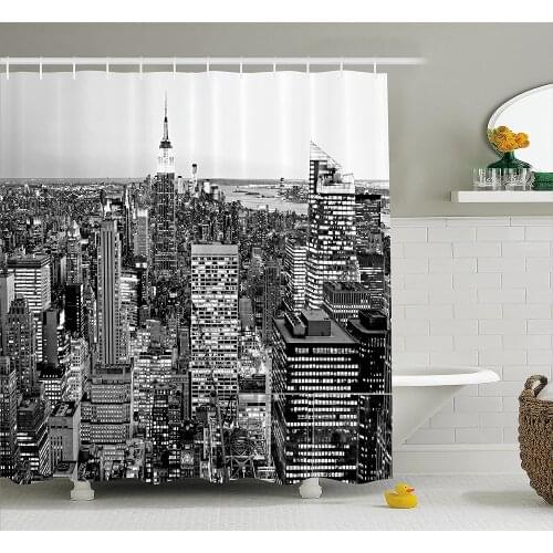 New York Shower Curtain Panorama of Manhattan High Buildings of City Famous Monument USA Black and White Photo Bathroom Decor