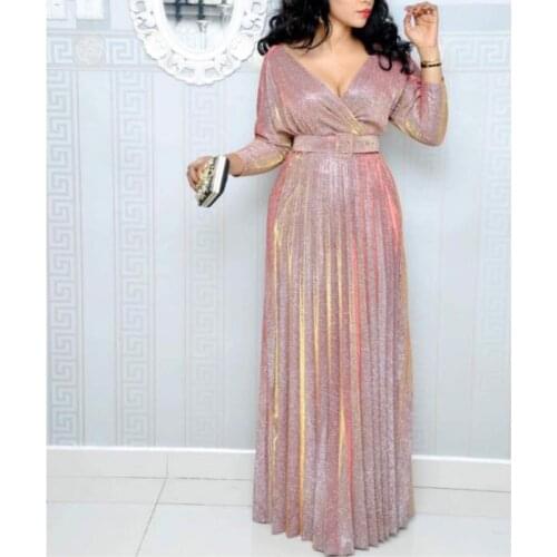 Women Elegant Party Pleated Celebrate V Neck with Waist Belt Mid Sleeve Female Wear Clothing Shiny African Popular Tu