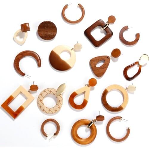 AENSOA Simple Geometric Circle Square Wooden Long Drop Earrings For Women Vintage Natural Splicing Hollow Wood Earrings Jewelry