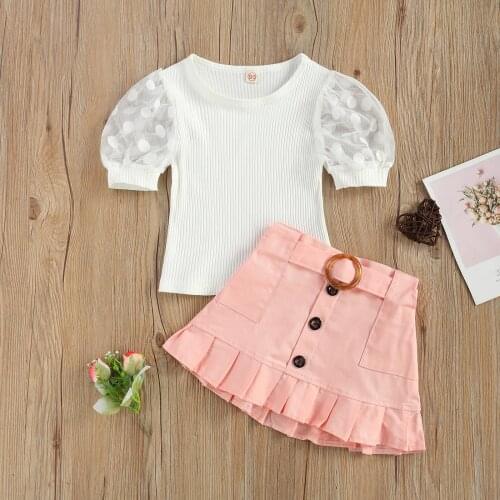 1-6Y Summer Lovely Kids Girls Clothes Sets 2pcs Polka Dot Puff Sleeve Mesh T Shirts Tops Button A-Line Skirts