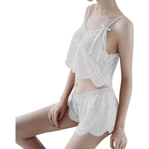 Pajama Set Womne Lace Sheer Elastic Sleepwear Camisole Satin Lace Short Lingerie Nightwear Loungewear Pyjama Pour Femme Black