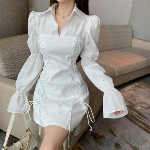 Long Sleeve Women Dresses Slim Fashion High Waist Tying Rope 2021 New V-Neck Collar Solid Sheath Sexy Fake Fairy Two Piece Dress