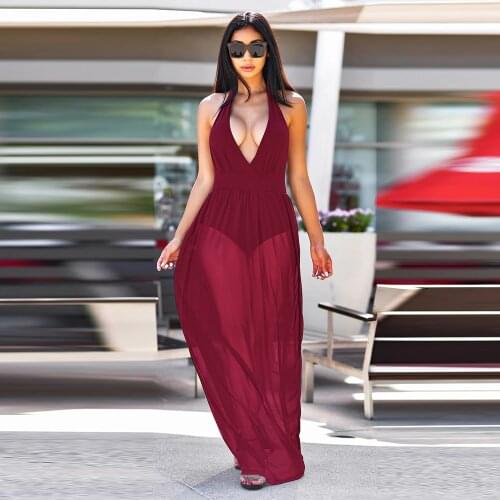 Sheer Mesh Patchwork See Through Maxi Dress for Women Halter Neck Backless Bohemian Beach Dress Elegant Cleavage Birthday Dress