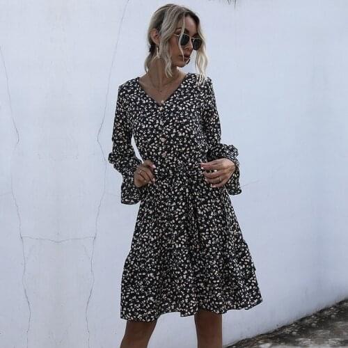 Vintage Floral Dress Women Casual Butterfly Sleeve High Waist Chiffon Print Bandage Knee Length Dress For Women 2020 New