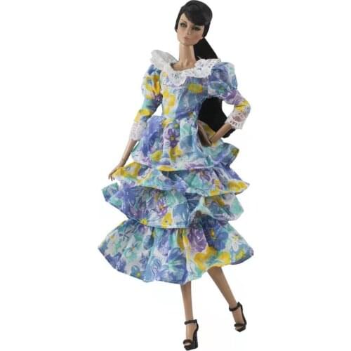 1/6 BJD Clothes Lantern Sleeve Lace Neck Floral Cupcake Dresses for Barbie Doll Outfit Party Gown Vestido 30cm Dolls Accessories