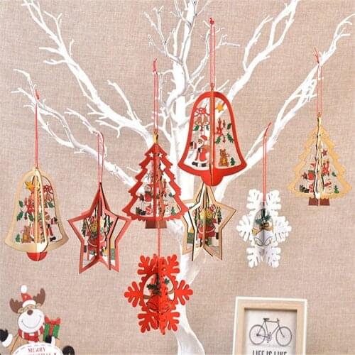 12/5PCS 3D 2DChristmas Wooden Pendant Ornament Star Xmas Tree Hanging Pendants Christmas Party Home Decoration