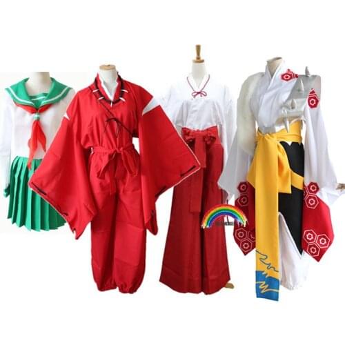 2021 Anime Inuyasha Cosplay Costumes Red Japanese Kimono Higurashi Kagome Kikyo Sesshoumaru for Halloween Party Wigs Free wigcap