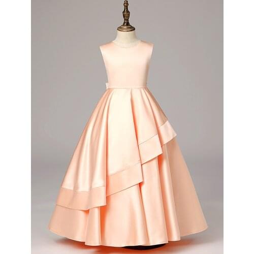 Satin Dark Blue Flower Girl Romantic Wedding Bow Dress Girl Princess Long Evening Dress Ball Gown Kids First Communion Gown