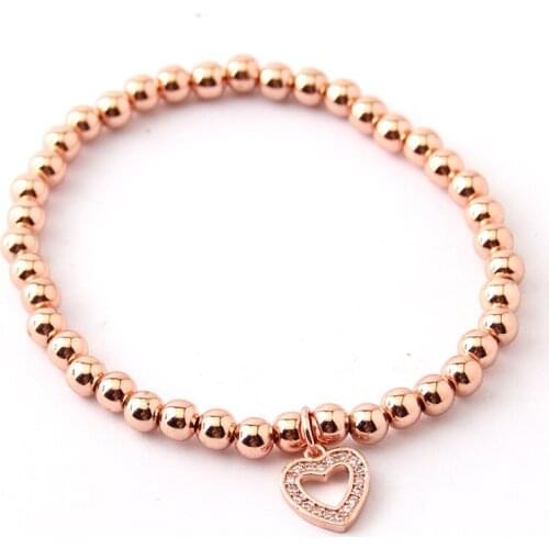 Free Shipping 5mm Round Copper Beads Heart CZ Charm Bracelets & Bangles