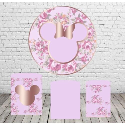 Purple Mouse Head Round Background Circle Backdrop Baby Shower Cylinder Cover Elastic Fabric Photocall Girl Birthday Party Decor