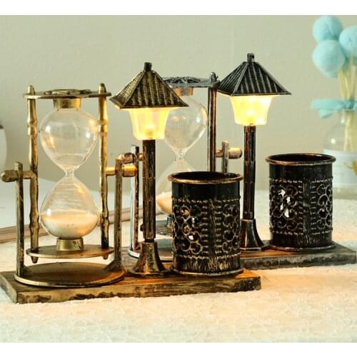 K0733 Creative Antique Quicksand Street Lamp Pen Holder Student Gift White Hourglass Color Changing Night Light Decoration