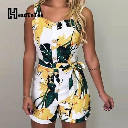 Sleeveless Print Buttoned Design Rompers Women Playsuits Thick Strap Casual Slim Summer One Piece Overalls