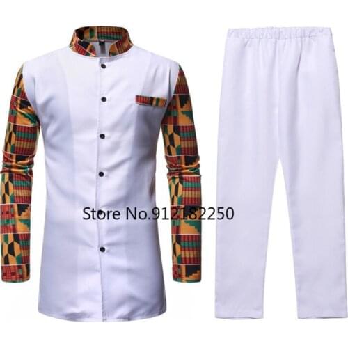 White African Dashiki Print Top Pant Set 2 Pieces Outfit Set 2021 Traditional Men African Clothes Streetwear Casual African Suit
