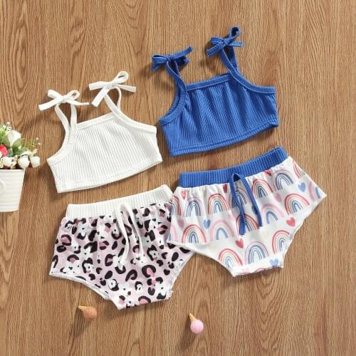 Baby Girl’s Summer Two Piece Set Fresh Solid Color Suspender Tops and Printing Short Pants