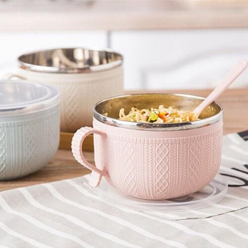 Stainless Steel Noodle Bowl With Handle Anti-scalding Rice Bowl Soup Bowls Instant Noodle Bowl With Lid Spoon