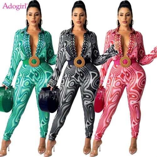Adogirl Fashion Print Women Casual Two Piece Set Sexy Deep V Neck Long Sleeve Shirt Tops Pencil Pants Office Lady Business Suit