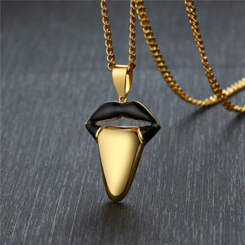 ZORCVENS The Rolling Stones Gold Tongue Pendant Statement Charm Stainless Steel Necklace for Man Dropshipping