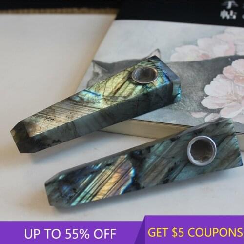 Natural Labradorite Moonstone Quartz Smoking Pipe Reiki Healing Stone Crystal Point Wand Rock Obelisk Tobacco Pipes W/ Carb Hole