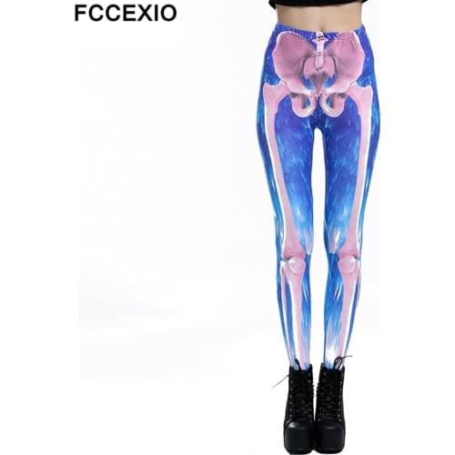 FCCEXIO New Women Leggings High Waist Workout Pants Fitness Legging 3D Bone Blue Skeleton Printed Leggins Plus Size Lady Legging