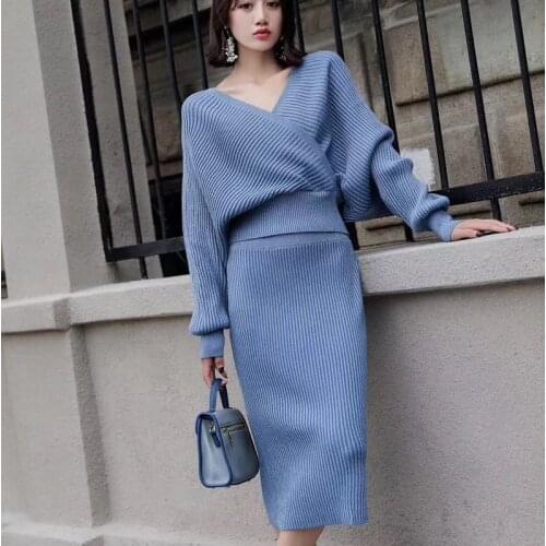 New fashion temperament comfortable soft warm top shirt pencil skirt wild fresh high quality trend bouncy knit thick women sets