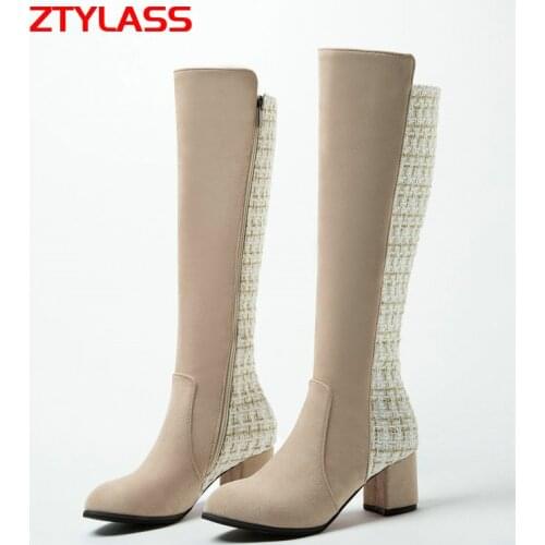 Autumn Winter Women Boots Flock Leather Knee High Boots Fashion Square High Heel Long Boots Zipper Boots Black Apricot