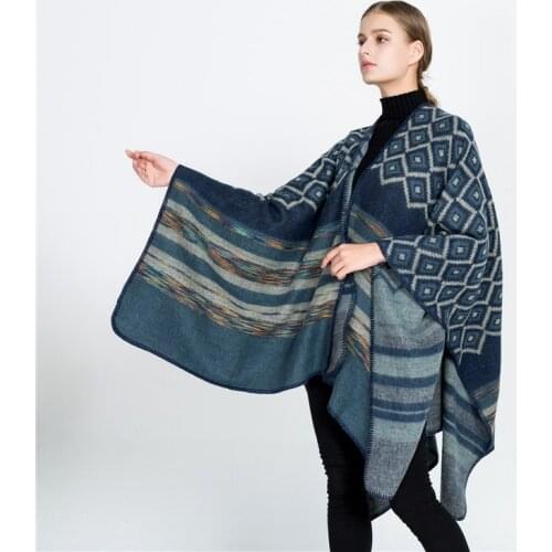Pashmina For Women Cashmere-Like Fabric Ultra-soft Navy blue Shawl Reversible two sides colors Boho Plaid Printer Fashion Scarf