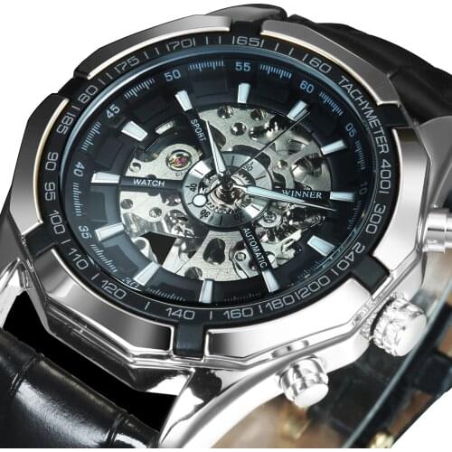 WINNER Official Skeleton Mechanical Watch Men Leather Strap Fashion Classic Mens Watches Top Brand Luxury Leather Strap