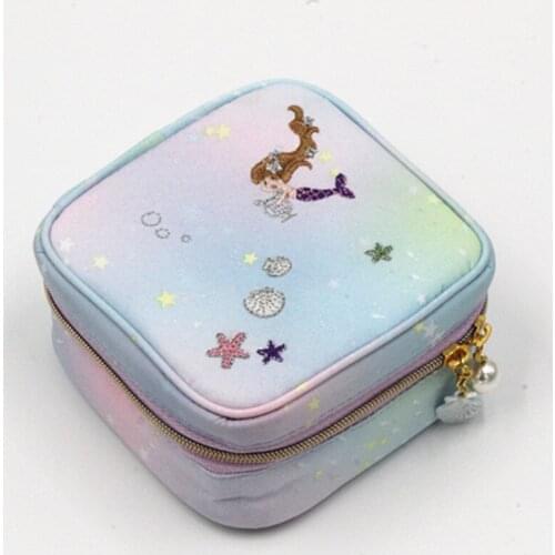 Mermaid embroidery jewelry box travel portable mini square jewelry box ring nail earrings necklace storage bag
