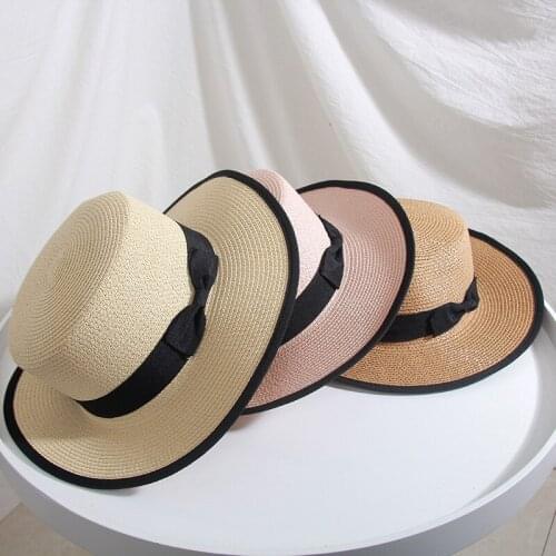 Elegant Derby Womens Summer Hat Sun Protection Cap Female Flat Top Wide Brim Hat Bow Ribbon Girl Straw Hat Beach Hat Sun Hats
