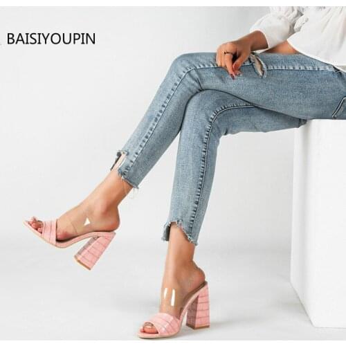 Fashion Pumps Shoes Summer Women Slippers 11cm High Heels Good-quality Fitting-room Solid Party Ladies Outside Female Slides