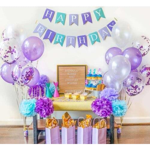 Mermaid Theme Party Girls Birthday Party Decoration Banner Balloons Happy Birthday Garland Mermaid Tail Shell Baby Shower Decor