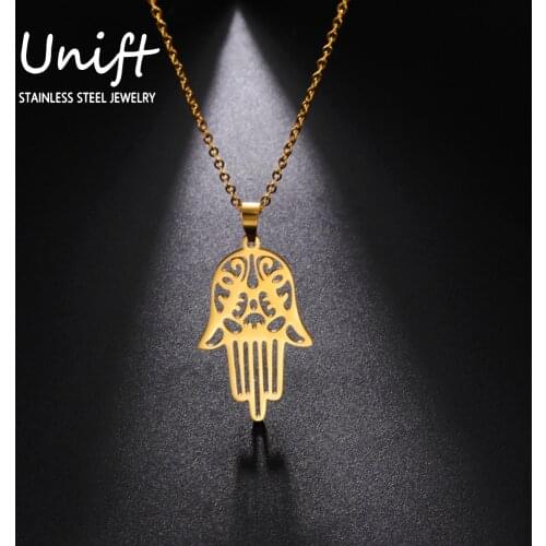 Unift Vintage Hand Fatima Pendant Necklace for Women Luck Palm Amulet Christian Jewish Muslim Jewelry Birthday Gift Gold Color